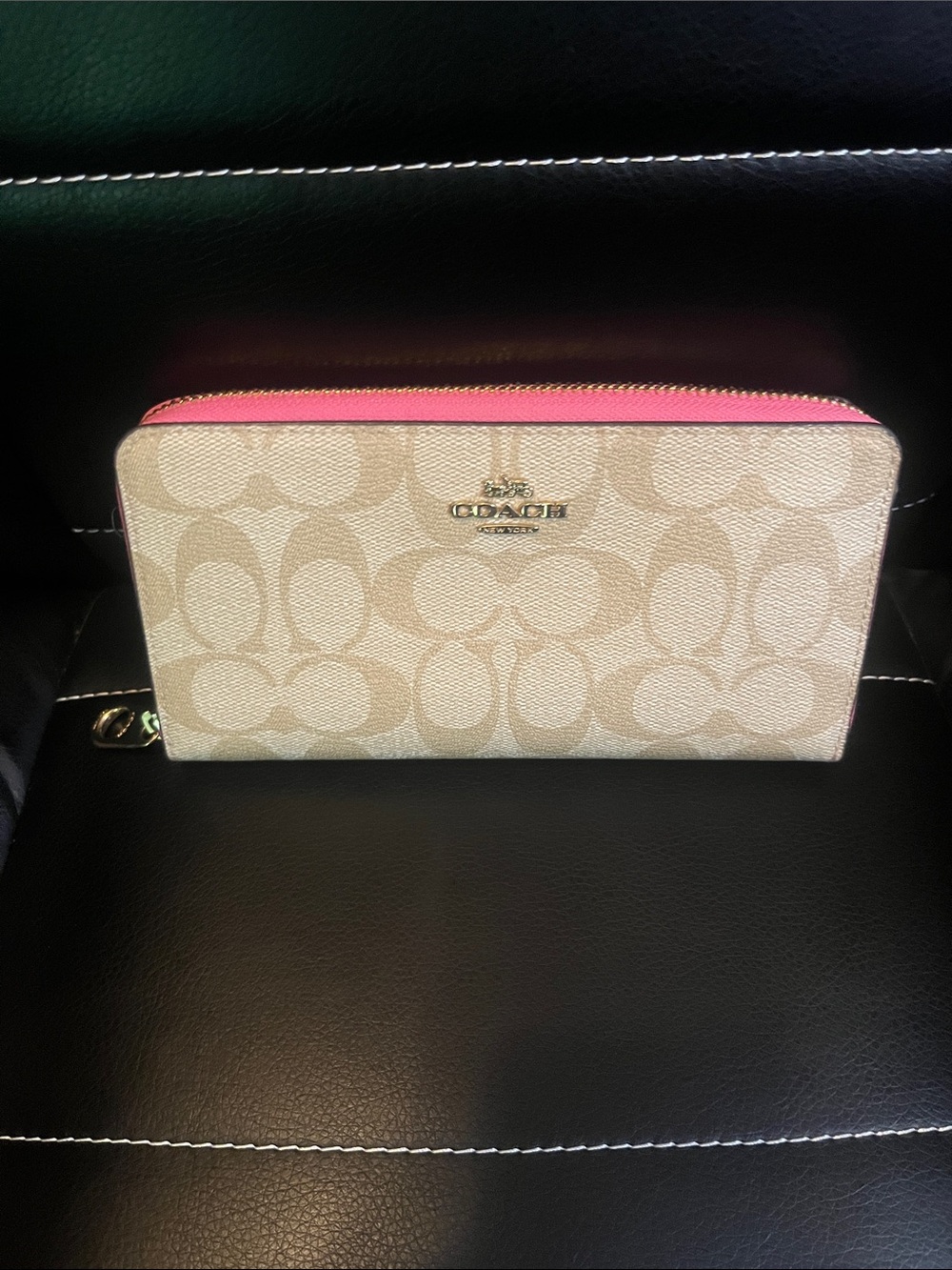 Coach Light Khaki Petunia Pink Signature Canvas Zip Wallet